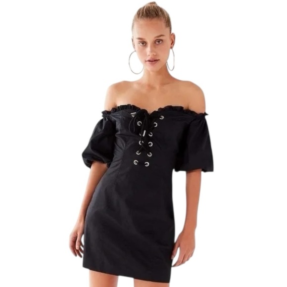 I.AM.GIA Black Mini Lace Up Puff Sleeve Off Shoulder Dress Sz M Party Club Ayla - Picture 3 of 12